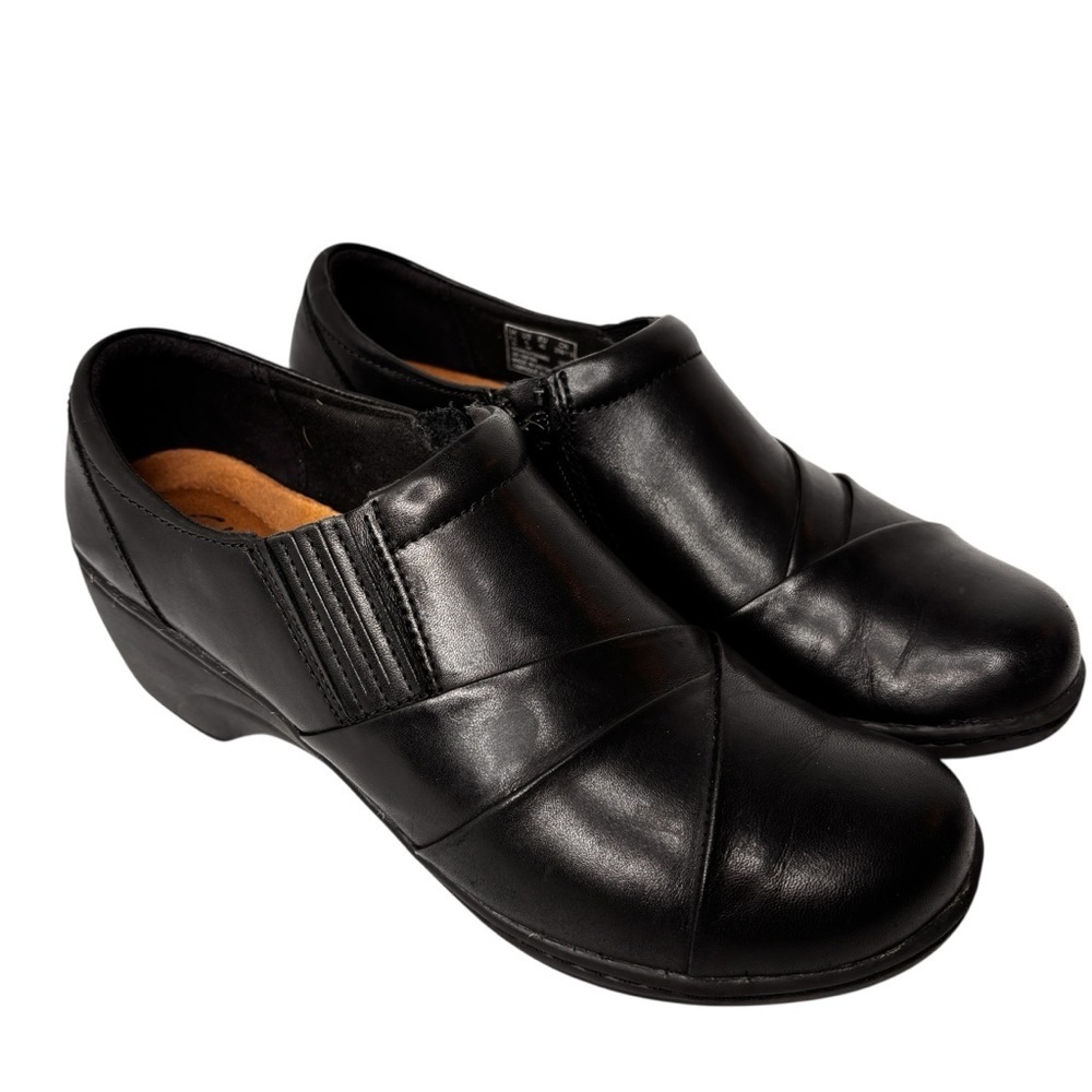 Clark Channing Essa Bootie Shoe Size 9 Black Leather Loafer Wedge Heel Clogs
